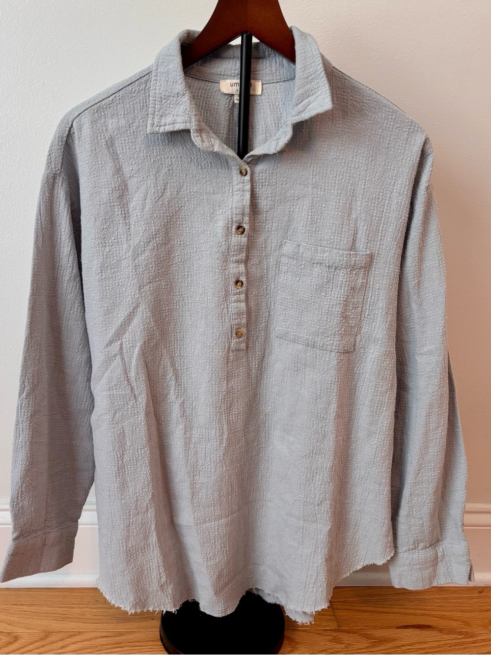Umgee Textured 100% Cotton Tunic Top Light Blue Raw Hem Oversized Boho Size M